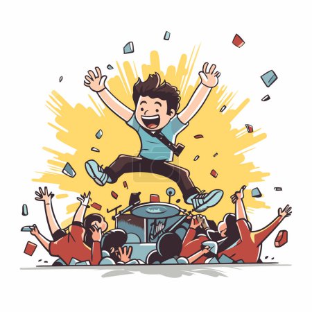 Illustration for Cartoon illustration of a man jumping on a drum set. Vector illustration. - Royalty Free Image