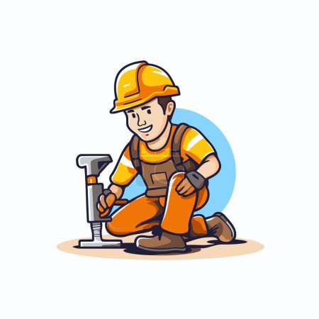 Illustration for Construction worker with a vacuum cleaner. Vector illustration in cartoon style. - Royalty Free Image