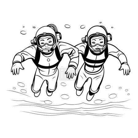 Couple of scuba divers diving in the sea. Vector illustration.