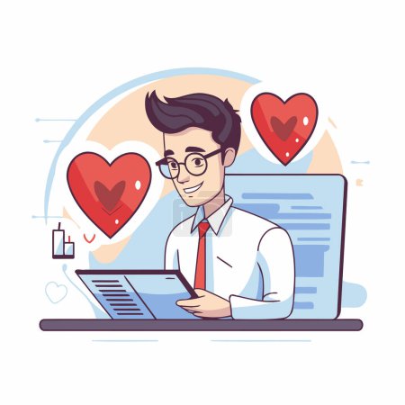 Ilustración de Ilustración vectorial de un hombre con una camisa blanca. gafas y corbata con un portátil en las manos y un corazón rojo en la pantalla. - Imagen libre de derechos