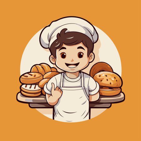 Illustration for Cartoon chef with a plate of bread. Vector illustration in cartoon style. - Royalty Free Image