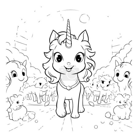 Ilustración de Página para colorear Esquema de un lindo unicornio con sus amiguitos. - Imagen libre de derechos