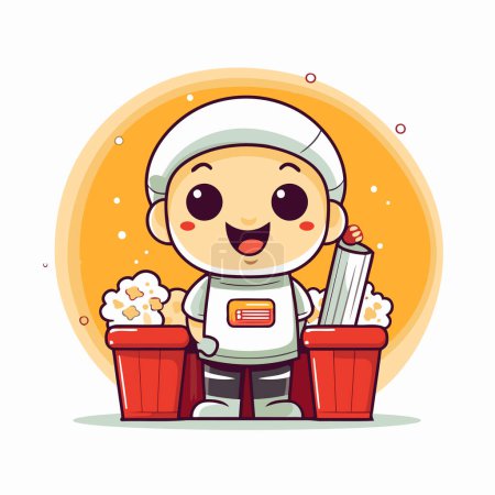 Illustration for Cute boy cartoon character holding bucket of popcorn. Vector illustration. - Royalty Free Image