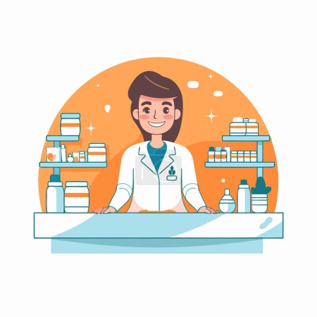 Ilustración de Farmacéutico en la farmacia. Vector plano ilustración de dibujos animados - Imagen libre de derechos