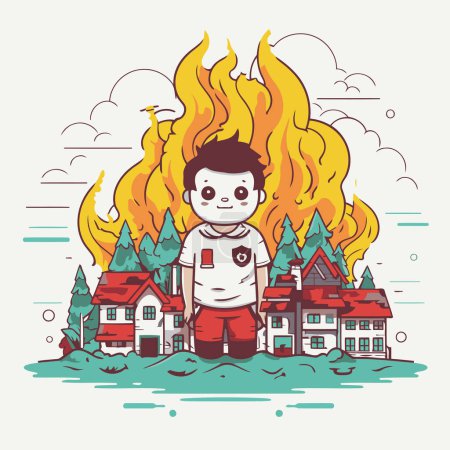 Illustration for Vector illustration of a little boy in the village with a burning house - Royalty Free Image