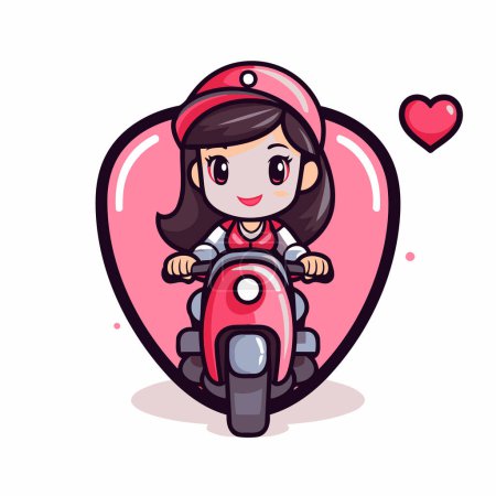 Illustration for Cute girl riding a motorbike in a heart shape. Vector illustration. - Royalty Free Image