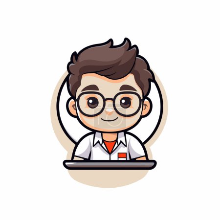 Illustration for Cute boy with glasses and a microscope in his hands. Vector illustration. - Royalty Free Image