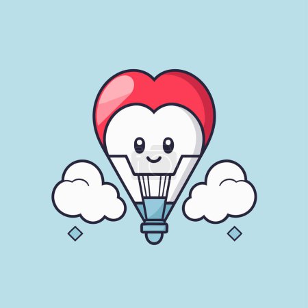 Téléchargez les illustrations : Mignon cœur de kawaii en montgolfière avec nuages. Illustration vectorielle - en licence libre de droit