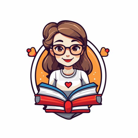 Téléchargez les illustrations : Illustration vectorielle d'une fille avec des lunettes lisant un livre en cercle - en licence libre de droit