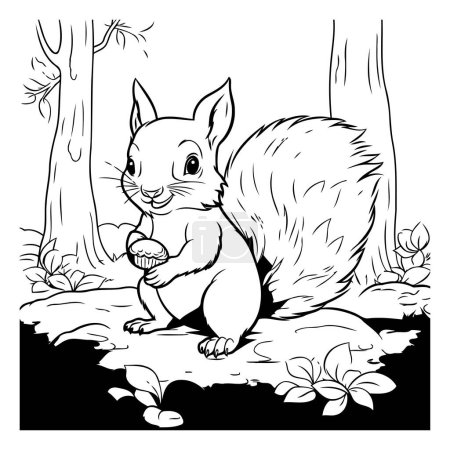 Téléchargez les illustrations : Dessin animé noir et blanc illustrant un mignon écureuil dans la forêt - en licence libre de droit