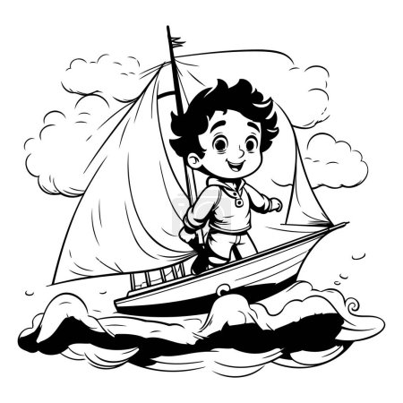 Téléchargez les illustrations : Garçon sur un voilier dans la mer. Illustration noir et blanc. - en licence libre de droit