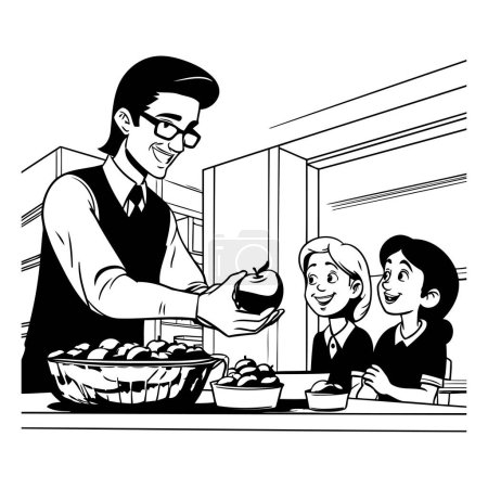 Illustration for Man selling fruits and vegetables to his family in the street. Black and white vector illustration. - Royalty Free Image