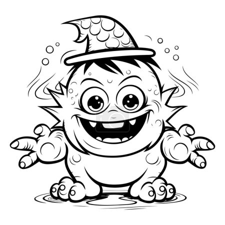 Ilustración de dibujos animados en blanco y negro del personaje del pequeño monstruo de Halloween para colorear libro