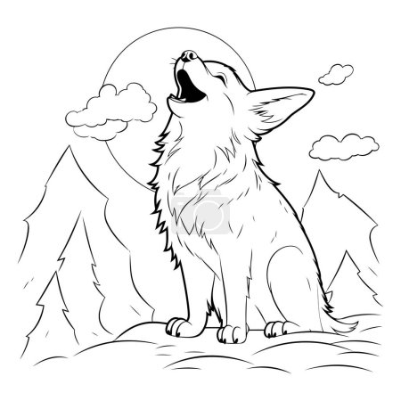 Illustration for Illustration of a wolf howling in front of a mountain landscape - Royalty Free Image