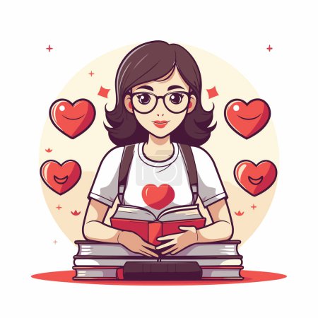 Illustration for Girl reading a book with red hearts around her. Vector illustration. - Royalty Free Image