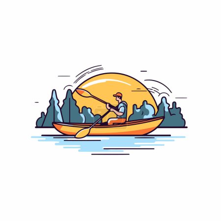 Illustration for Kayaking in the river. Vector illustration in thin line style. - Royalty Free Image
