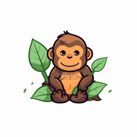 Ilustración de Lindo mono con hojas. Ilustración vectorial aislada sobre fondo blanco. - Imagen libre de derechos