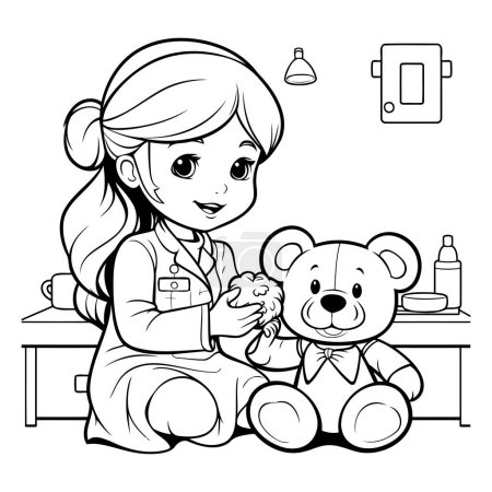 Téléchargez les illustrations : Illustration de bande dessinée en noir et blanc d'une petite fille jouant avec un jouet en peluche pour un livre à colorier - en licence libre de droit