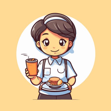 Téléchargez les illustrations : Jolie serveuse avec une tasse de café. Illustration vectorielle de dessin animé. - en licence libre de droit