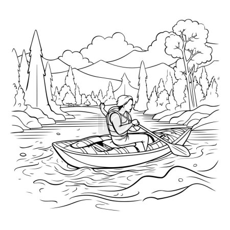 Ilustración de Un hombre remando un bote en el lago. Ilustración vectorial en blanco y negro. - Imagen libre de derechos