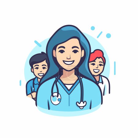 Illustration for Vector illustration of happy doctor with group of doctors. Medical and healthcare concept. - Royalty Free Image