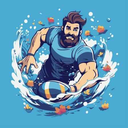 Illustration for Rugby player with ball on the water. Vector illustration. - Royalty Free Image
