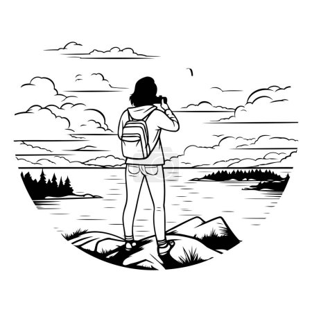 Téléchargez les illustrations : Touriste avec jumelles sur le lac. Illustration vectorielle. - en licence libre de droit