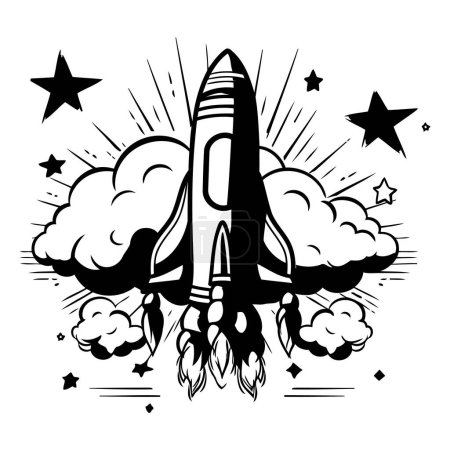 Illustration for Vector illustration of a rocket flying through the clouds. Black and white illustration. - Royalty Free Image