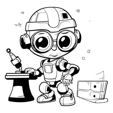 Téléchargez les illustrations : Illustration noir et blanc de personnage mignon d'astronaute de petit garçon avec le livre de coloriage d'équipement de construction - en licence libre de droit