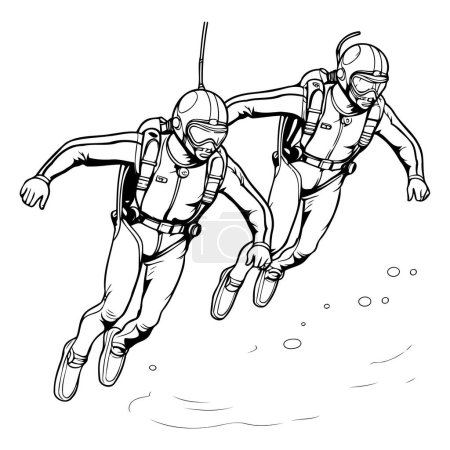 Illustration for Two scuba divers jumping and diving into the sea. Vector illustration. - Royalty Free Image