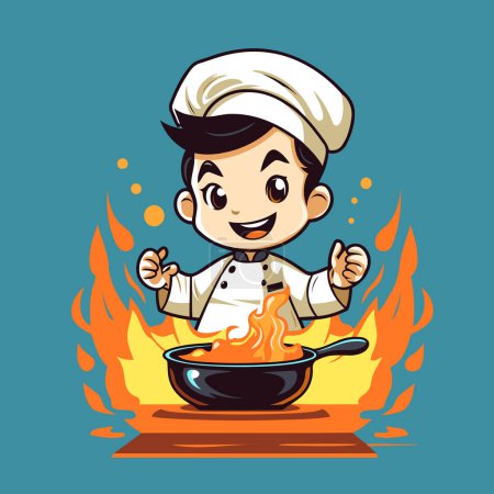 Illustration for Chef cooking in a pot on fire. Vector cartoon illustration. - Royalty Free Image