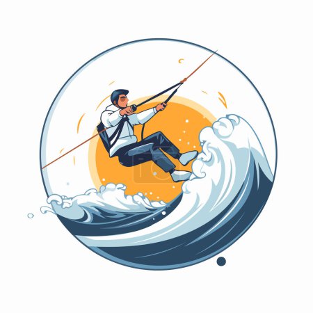 Illustration for Kitesurfing sport vector icon. Man riding wakeboard on the wave - Royalty Free Image
