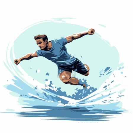 Téléchargez les illustrations : Illustration d'un homme sautant dans l'eau avec une planche de surf - en licence libre de droit