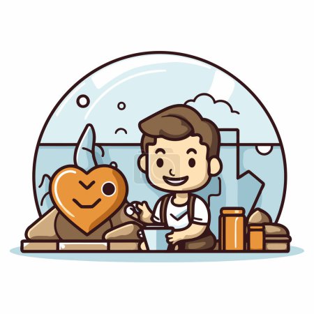 Illustration for Boy playing with a cup of coffee in the beach. vector illustration - Royalty Free Image