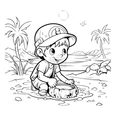 Téléchargez les photos : Joli petit garçon jouant sur la plage. illustration vectorielle noir et blanc - en image libre de droit