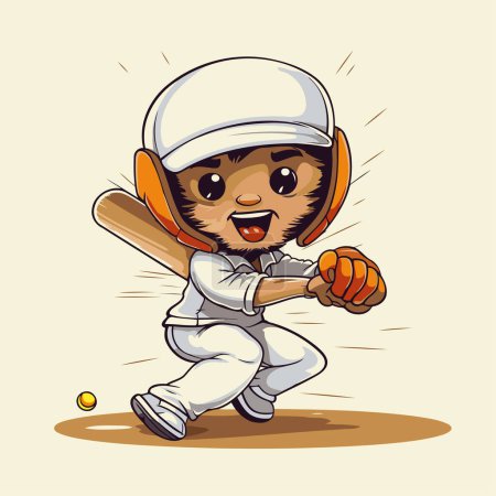 Téléchargez les illustrations : Joueur de cricket avec batte et balle. illustration vectorielle de dessin animé. - en licence libre de droit