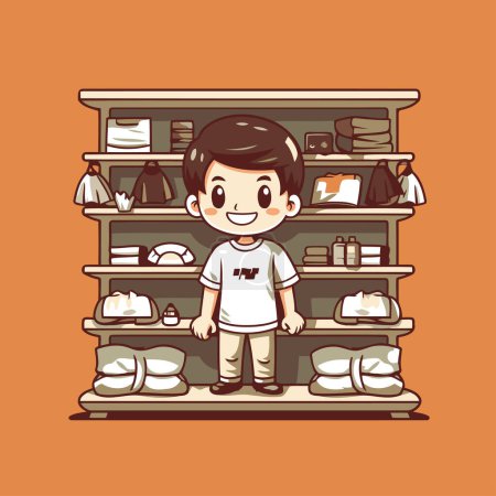 Illustration for Cute little boy standing in front of shelves with towels. Vector illustration. - Royalty Free Image