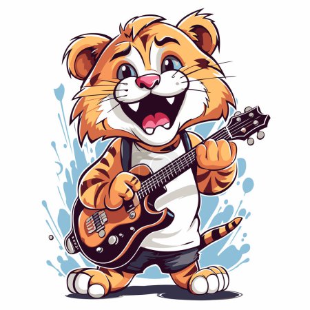 Téléchargez les illustrations : Illustration vectorielle d'un tigre de bande dessinée jouant de la guitare. Isolé sur fond blanc. - en licence libre de droit