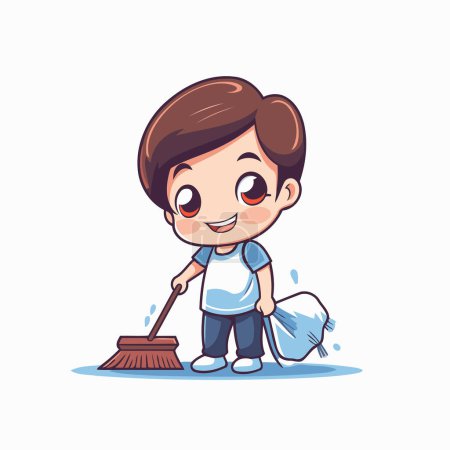 Téléchargez les illustrations : Mignon garçon dessin animé nettoyage du sol avec un balai. Illustration vectorielle. - en licence libre de droit