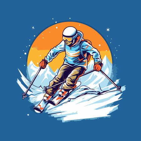 Illustration for Skier in the mountains on a background of the moon. Vector illustration. - Royalty Free Image
