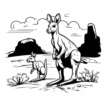 Illustration for Kangaroo in the desert. Black and white vector illustration. - Royalty Free Image
