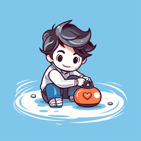 Illustration for Cute little boy playing with a water toy. Vector illustration. - Royalty Free Image