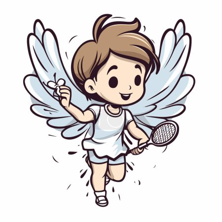 Téléchargez les illustrations : Joli garçon de dessin animé jouant au tennis avec des ailes d'ange. illustration vectorielle. - en licence libre de droit