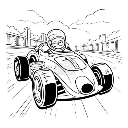 Téléchargez les illustrations : Dessin animé noir et blanc Illustration d'un pilote de course vintage. - en licence libre de droit