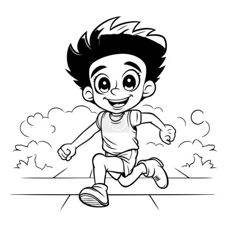 Téléchargez les illustrations : Un garçon qui court dans le parc. illustration de dessin animé vectoriel noir et blanc. - en licence libre de droit