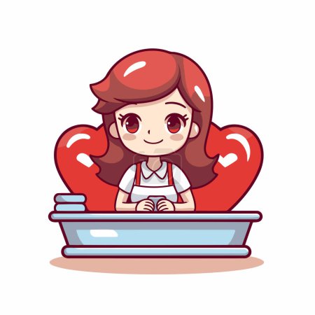 Téléchargez les illustrations : Petite fille mignonne assise dans la baignoire avec illustration vectorielle coeur rouge - en licence libre de droit