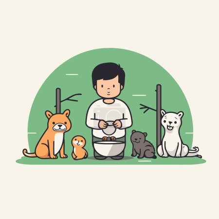 Téléchargez les illustrations : Illustration vectorielle d'un garçon et de ses animaux domestiques. Style de dessin animé mignon. - en licence libre de droit