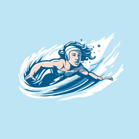 Illustration for Swimmer girl on the surfboard. vector illustration on a blue background - Royalty Free Image