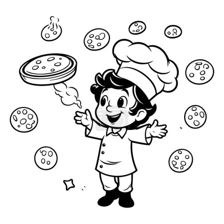 Téléchargez les illustrations : Dessin animé noir et blanc Illustration du petit chef mignon garçon ou fille cuisinant pizza ou pâtisserie - en licence libre de droit