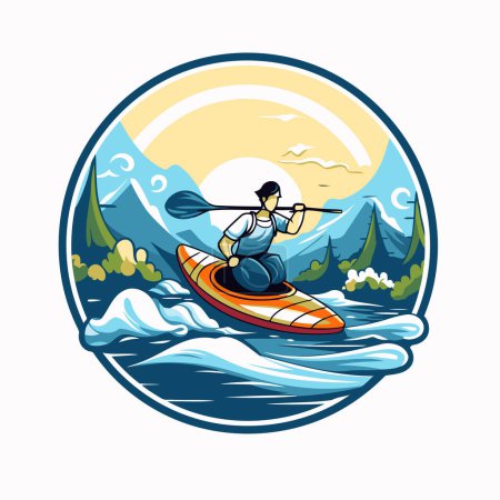 Ilustración de Kayak en las montañas. Ilustración vectorial de un hombre remando en un kayak con una pala en la mano. - Imagen libre de derechos